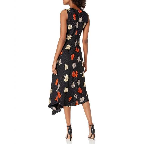 NEW THEORY draped tuck silk carnation midi floral dress in black - Picture 3 of 3